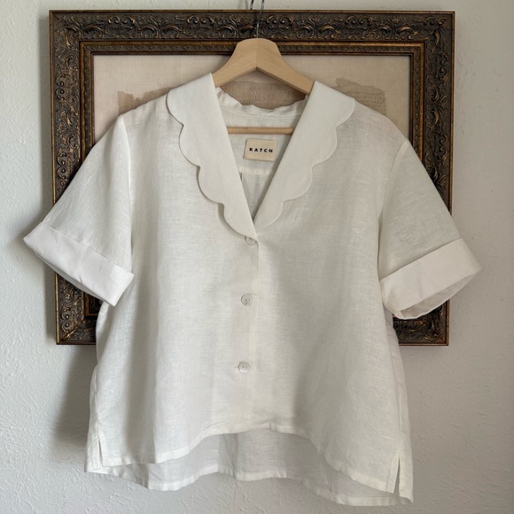 Women's Scalloped Collar Button-Down Shirt in White - Picture 6 of 11